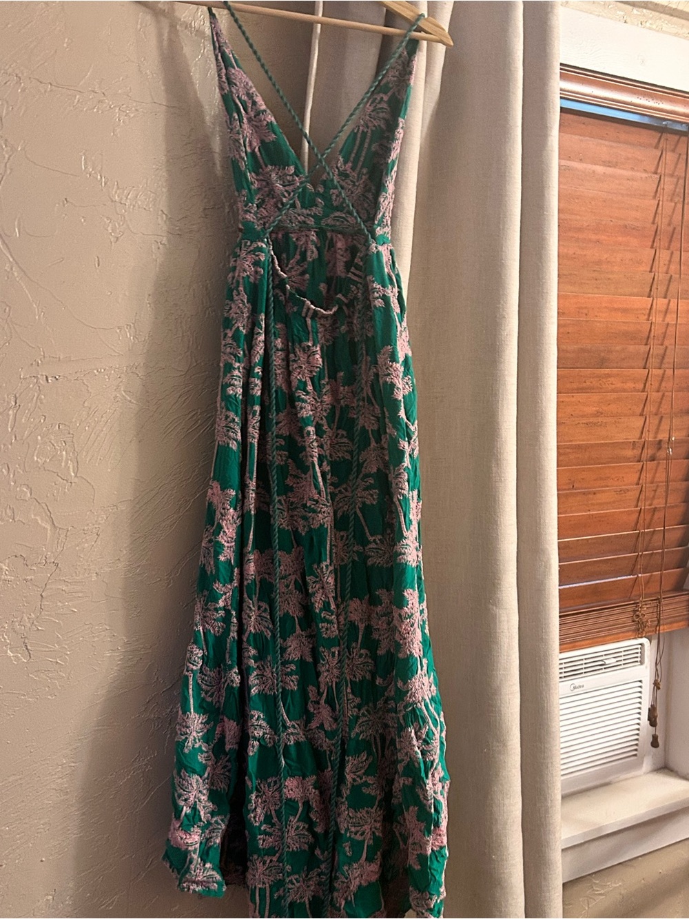 Green Floral V-Neck Maxi Dress with Pink Print